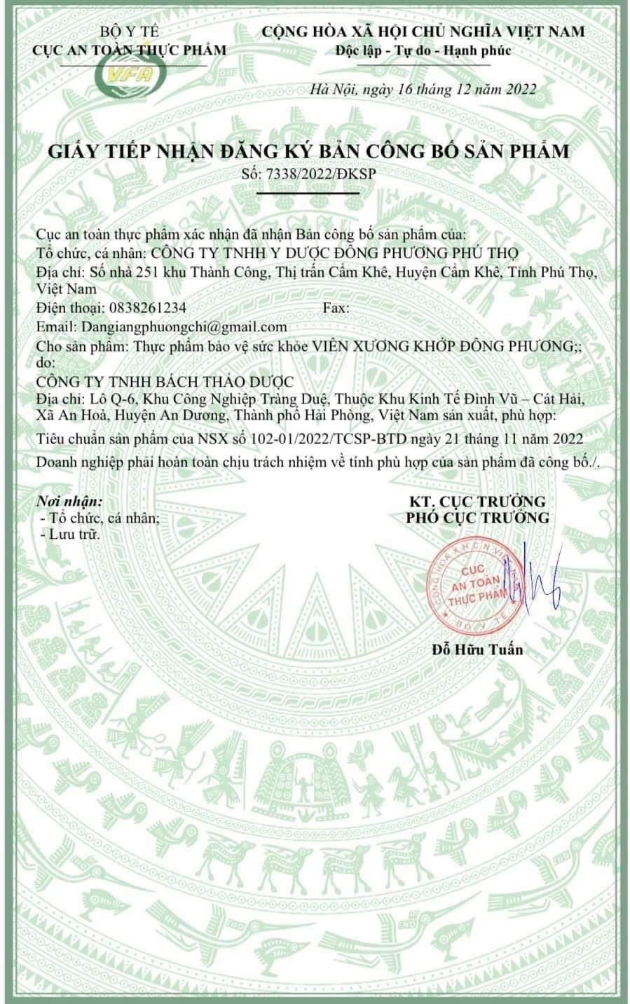 Giấy công bố sản phẩm viên xương khớp Đông Phương